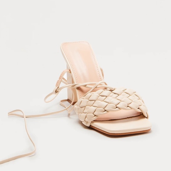 Braided Wrap Up Heels - Square Toe Block Heel Sandals - Beige - Size 11 - Picture 3 of 4